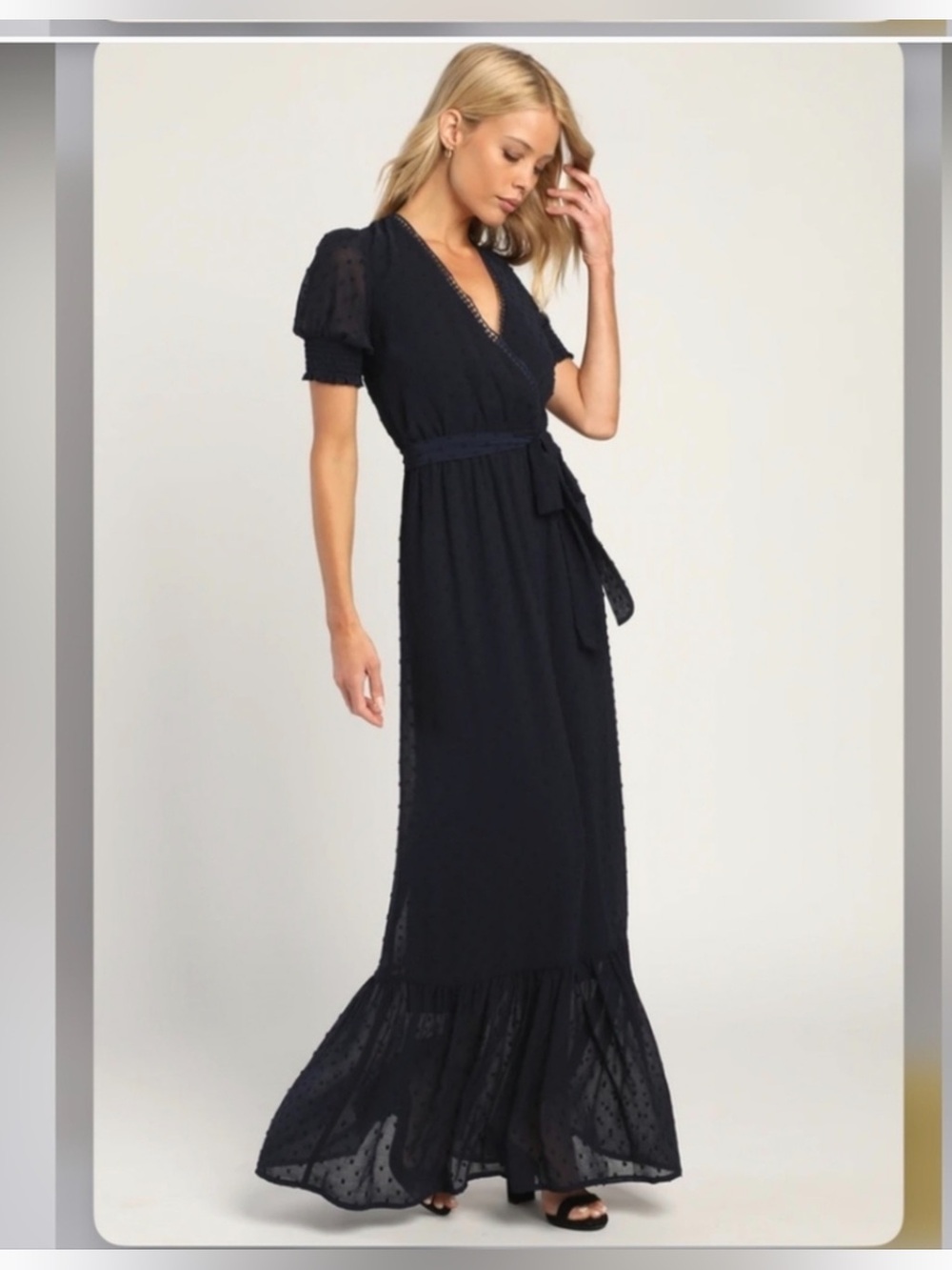 Lulu's Falling Into You Navy Wrap Maxi Dress with Tie Waist.